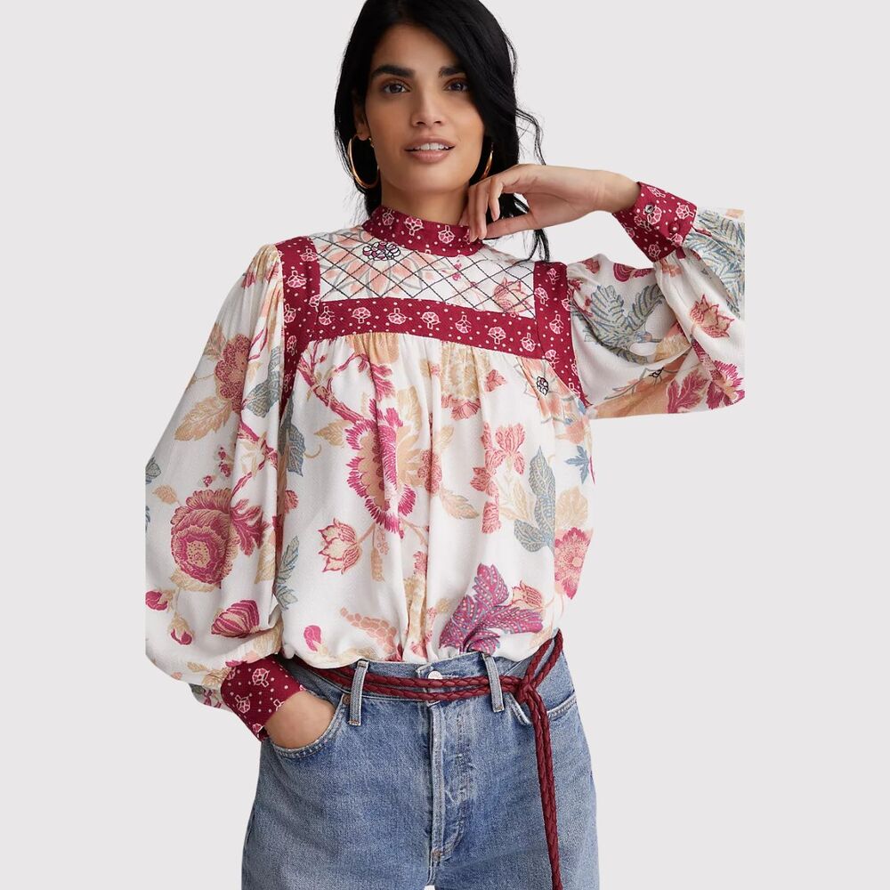 Anthropologie Let Me Be Womens Top Red Quilted Floral Blouse Cottagecore Boho XS